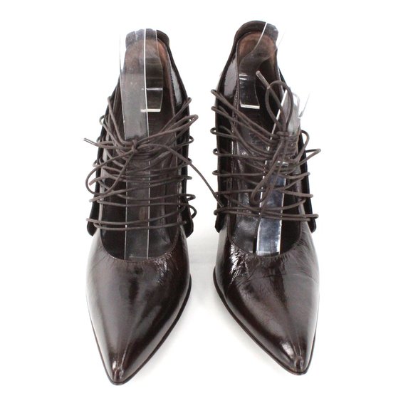 Gianni Barbato Patent Leather Lace Up Pointed Pumps Sculptural Heel Brown 7.5 - Picture 3 of 16
